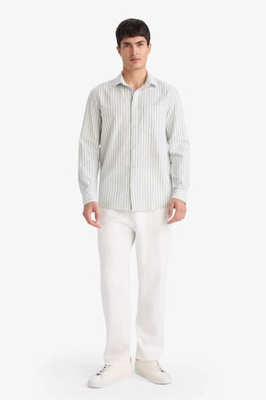 Defacto D6101AXKH422 Haki REGULAR FIT %100 Pamuk Çizgili Gömlek