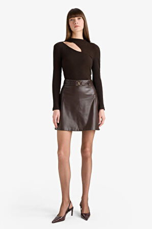 A Kesim Normal Bel Suni Deri Mini Etek