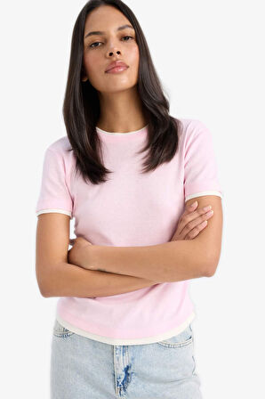 Slim Fit Dar Kesim Bisiklet Yaka Ribana Kısa Kollu Tişört