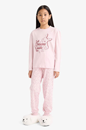 Kız Çocuk Pijama Takımı Baskılı Uzun Kollu Üst Desenli Uzun Alt