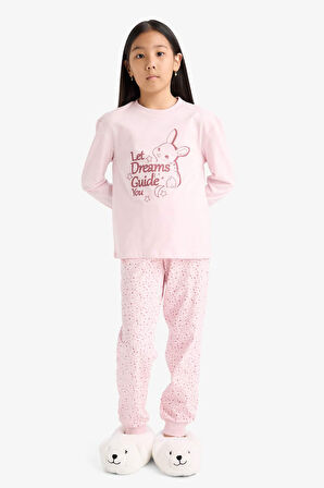 Kız Çocuk Pijama Takımı Baskılı Uzun Kollu Üst Desenli Uzun Alt