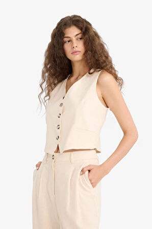 V Yaka Keten Karışımlı Blazer Yelek