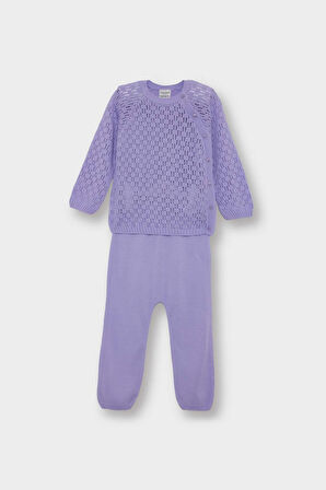 Kız Bebek 2'li Takım Ajurlu Triko Kazak Alt