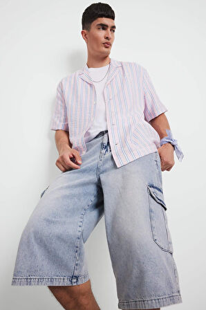 Relax Fit Apaş Yaka Baskılı Dokuma Kısa Kollu Gömlek