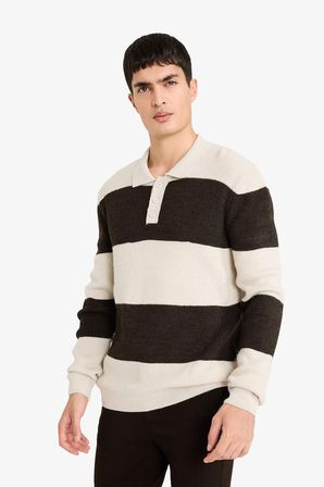 DeFacto Standart Fit Polo Yaka Renk Bloklu Triko Kazak D3590AX25WNBN581