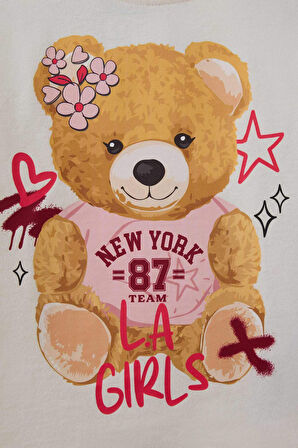 Kız Bebek Bisiklet Yaka Ayı Baskılı Uzun Kollu Tişört