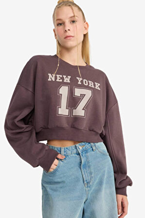 Coool Crop Bisiklet Yaka Baskılı Kalın Sweatshirt