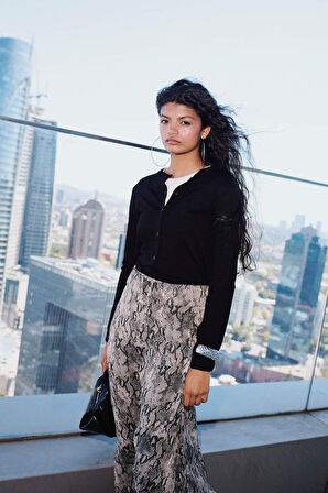 Regular Fit Desenli Astarlı Şifon Midi Etek
