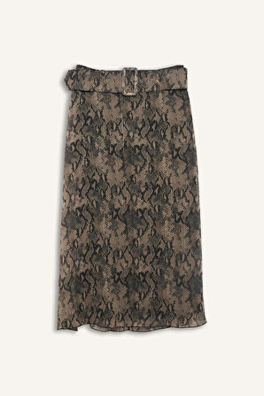 Regular Fit Desenli Astarlı Şifon Midi Etek
