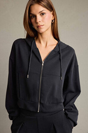 Kapüşonlu Modal Fermuarlı Sweatshirt