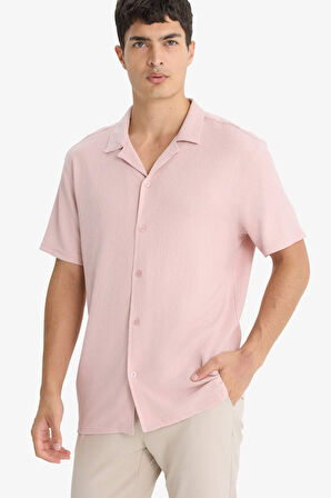 	Modern Fit Polo Yaka Dokulu Penye Kısa Kollu Gömlek