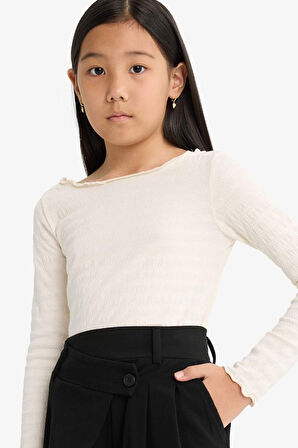 Kız Çocuk Fitted Bisiklet Yaka Bürümcük Uzun Kollu Tişört