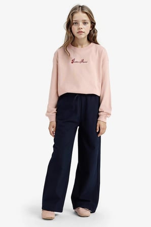 Defacto E8817A8BG55 Bej Kız Çocuk Relax Fit Bisiklet Yaka Baskılı Sweatshirt