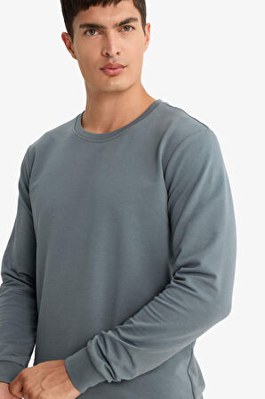 Slim Fit Dar Kesim Bisiklet Yaka Sweatshirt Kumaşı Uzun Kollu Tişört