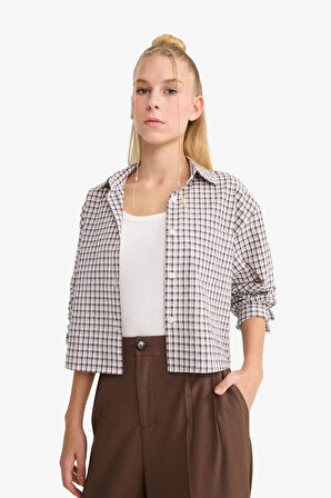 Coool Oversize Geniş Kalıp Crop Kareli Uzun Kollu Gömlek 