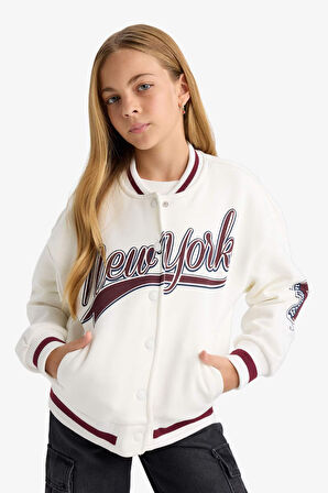 Kız Çocuk Baskılı Kolej Yaka Bomber Ceket