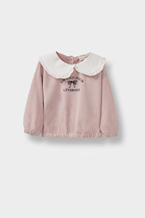 Kız Bebek Standart Fit Büyük Yaka Baskılı Sweatshirt