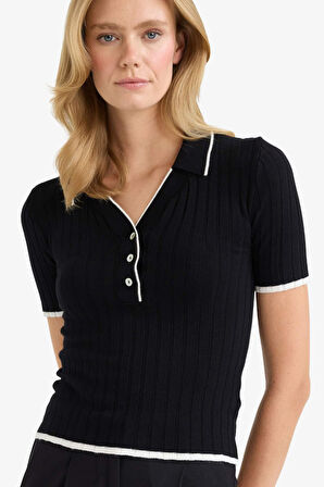 Fitted Polo Yaka Triko Kısa Kollu Kazak