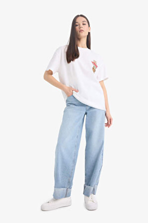 DeFacto Coool Star Wars-Mandalorian Oversize Geniş Kalıp Bisiklet Yaka Sırt Baskılı Kısa Kollu Tişört E6152AX25SMWT32