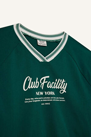 Kız Çocuk Okula Dönüş Oversize Geniş Kalıp V Yaka Slogan Baskılı Sweatshirt