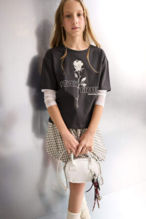 Kız Çocuk Oversize Geniş Kalıp Bisiklet Yaka Baskılı Uzun Kollu Tişört