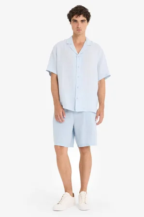 DeFacto %100 Keten Relax Fit Apaş Yaka Kısa Kollu Gömlek F4597AX25HSBE771