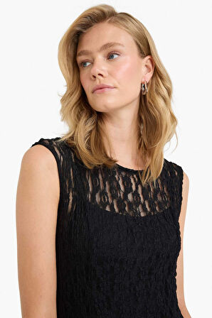 Fitted Bisiklet Yaka Dantel Kısa Kollu Maxi Elbise