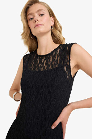 Fitted Bisiklet Yaka Dantel Kısa Kollu Maxi Elbise