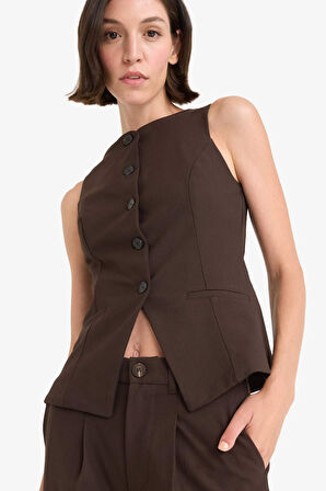 Fitted Bisiklet Yaka Düğmeli Yelek