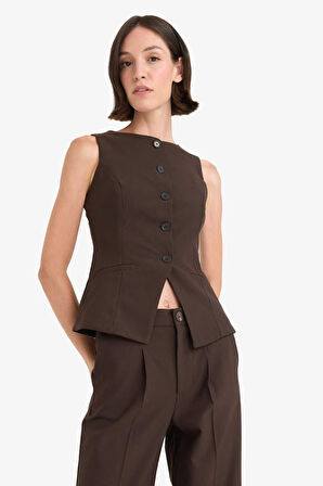 Fitted Bisiklet Yaka Düğmeli Yelek