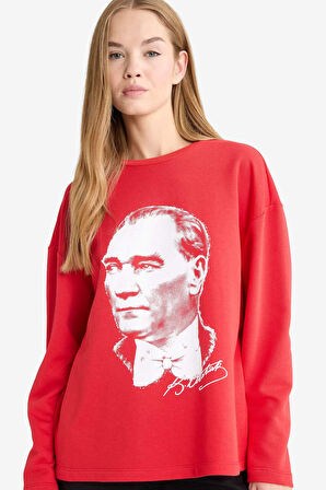 29 Ekim  Cumhuriyet Bayramı Coool Oversize Geniş Kalıp Bisiklet Yaka Atatürk Baskılı Kalın Uzun Kollu Tişört