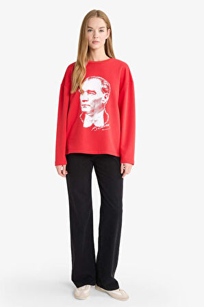 29 Ekim  Cumhuriyet Bayramı Coool Oversize Geniş Kalıp Bisiklet Yaka Atatürk Baskılı Kalın Uzun Kollu Tişört