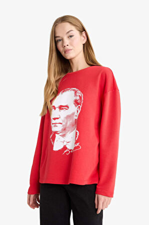 29 Ekim  Cumhuriyet Bayramı Coool Oversize Geniş Kalıp Bisiklet Yaka Atatürk Baskılı Kalın Uzun Kollu Tişört