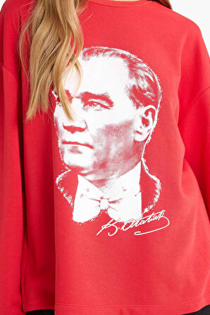 29 Ekim  Cumhuriyet Bayramı Coool Oversize Geniş Kalıp Bisiklet Yaka Atatürk Baskılı Kalın Uzun Kollu Tişört