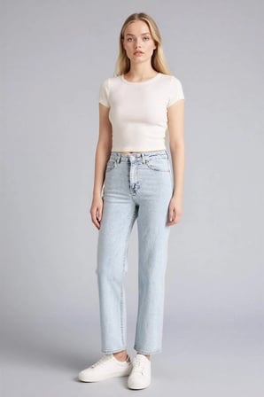 Defacto F2150AXNM39 Mavi Afra x Defacto Comfort Straıght Yüksek Bel  Jean Yıkamalı Pantolon