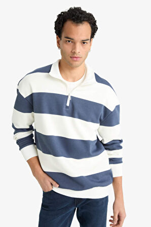 Boxy Fit Dik Yaka Yarım Fermuarlı Çizgili Sweatshirt