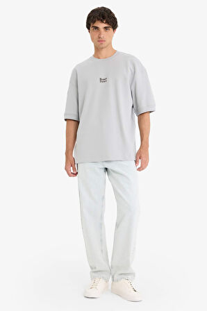 Loose Fit Bisiklet Yaka Baskılı Kısa Kollu Tişört