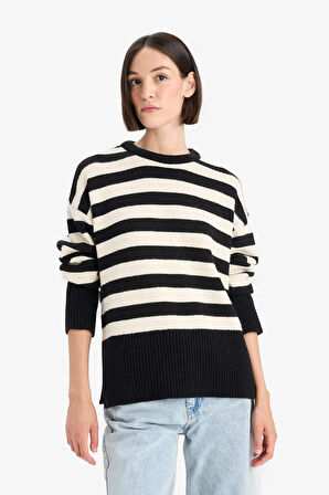 Oversize Geniş Kalıp Bisiklet Yaka Çizgili Triko Kazak