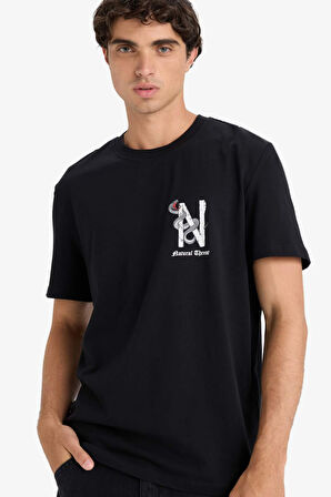 Regular Fit Bisiklet Yaka Baskılı Kısa Kollu Tişört