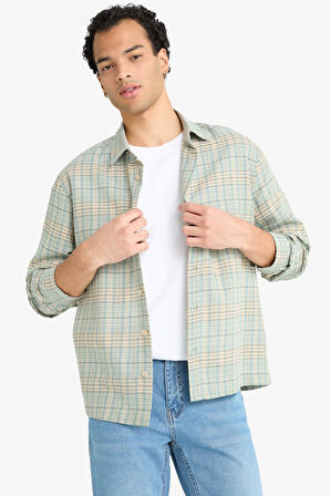 Boxy Fit Gömlek Yaka Flanel Uzun Kollu Gömlek
