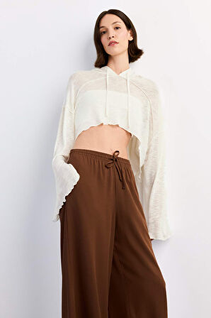 Crop Kapüşonlu Pamuklu Uzun Kollu Hırka