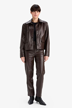 Regular Fit Polo Yaka Suni Deri Blazer Ceket