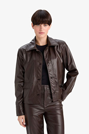 Regular Fit Polo Yaka Suni Deri Blazer Ceket