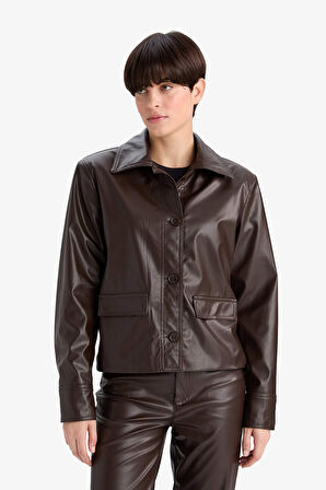 Regular Fit Polo Yaka Suni Deri Blazer Ceket