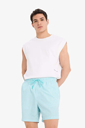 Çizgili File Astarlı Kısa Boy Deniz Şortu