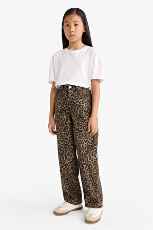 Kız Çocuk Barrel Fit Leopar Desenli Pantolon