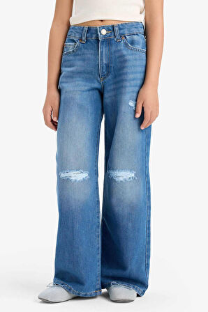 Kız Çocuk Wide Leg Yırtık Detaylı Geniş Paça Jean Pantolon