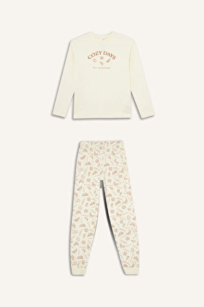 Kız Çocuk Pijama Takımı Baskılı Uzun Kollu Üst Desenli Uzun Alt
