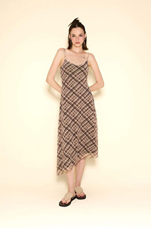 Coool V Yaka Kareli Tül Askılı Midi Elbise