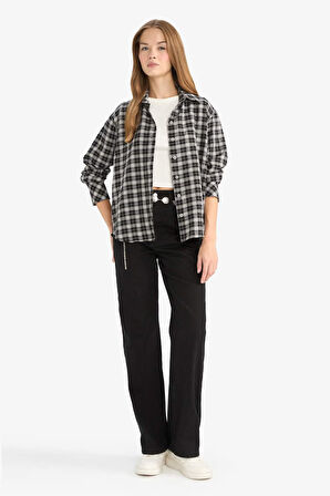 Oversize Geniş Kalıp Gömlek Yaka Pötikareli Poplin Uzun Kollu Gömlek